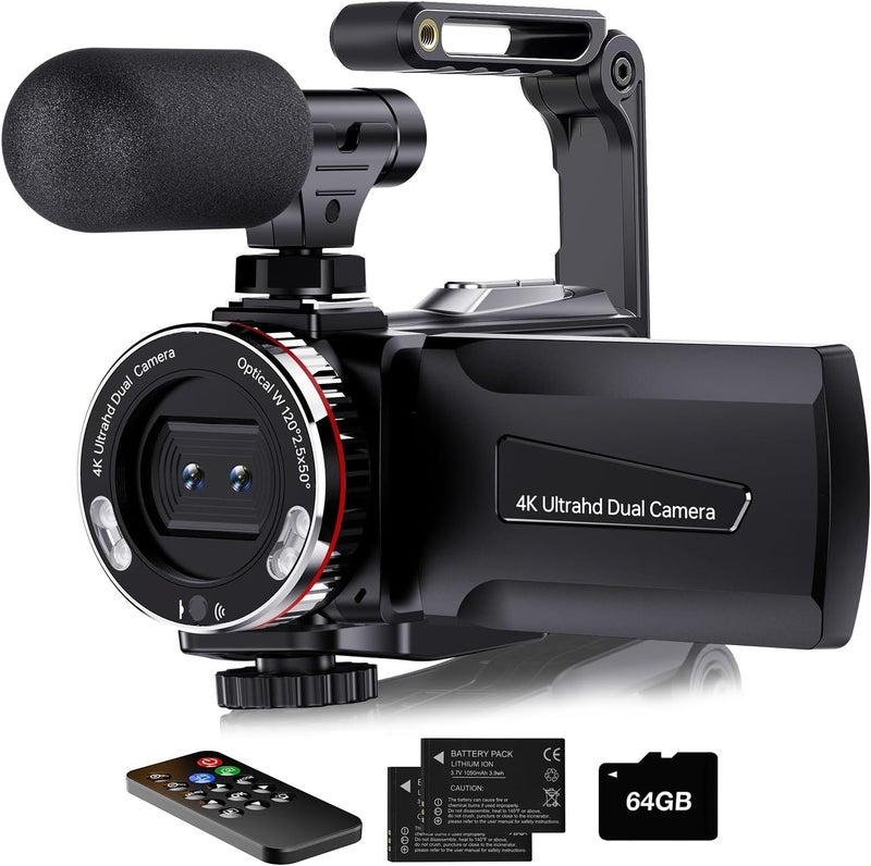 Dumjug كاميرا فيديو 4K، كاميرا فيديو مزدوجة بدقة 64MP UHD للتدوين على يوتيوب، كاميرا مدونة بشاشة IPS وزوم رقمي 21X مع ميكروفون خارجي، مثبت، جهاز تحكم عن بعد، بطاريتين، بطاقة ذاكرة - Image 1